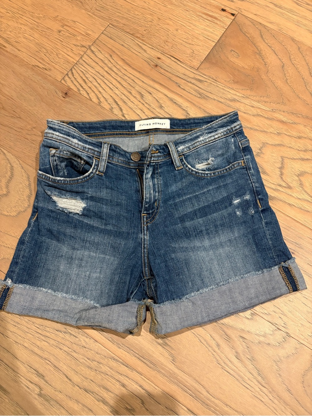 Flying Monkey Mid-Blue Distressed Rolled Hem Jean Shorts